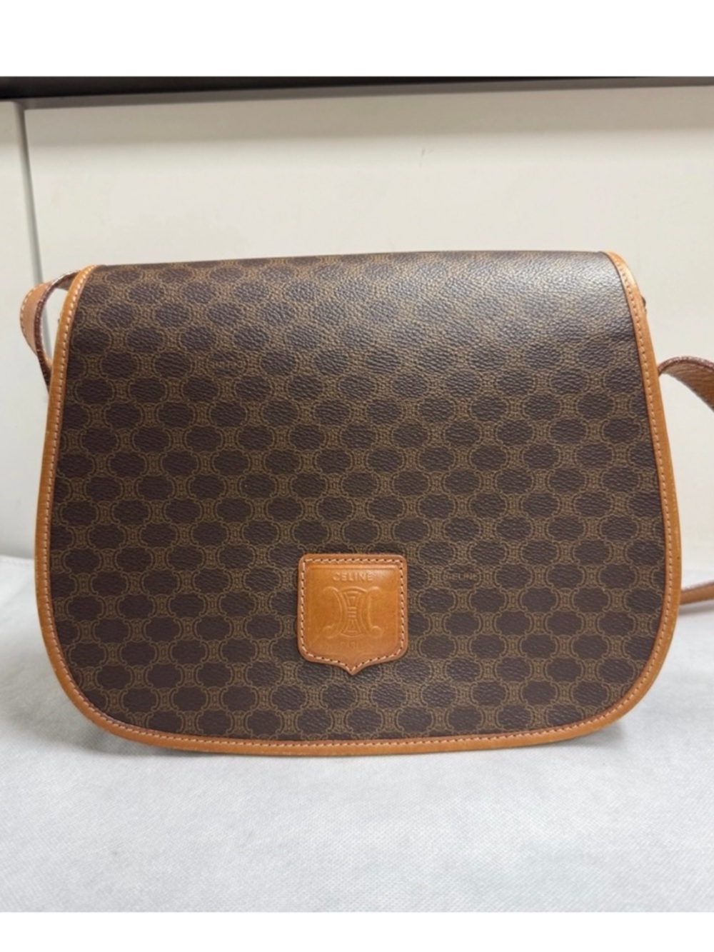 Celine Triomphe Saddle Crossbody in Dark Brown and Tan Leather, Vintage